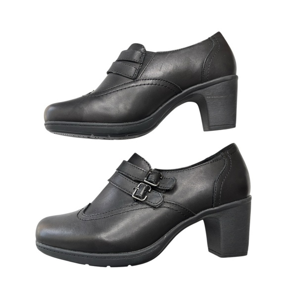 Thom McAn Black Clover Heeled Shoes Size 8.5 W Black Leather Ankle Bootie Buckle - Picture 2 of 9